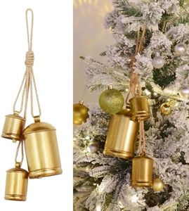 Christmas Bells, Vuskly Gold Bells Metal Vintage Bells with Jute Hanging Rope, Christmas Bells for Decoration,Perfect for Doors, Windows, Living Rooms, Christmas Trees, Wreaths, Gardens, etc-3 PCS