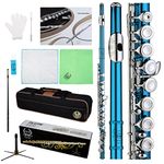 Rhythm C Flutes with Engraved Flower Closed Hole 16 Keys Flute For Student, Beginner with Cleaning Kit, Stand, Carrying Case, Gloves, Tuning Rod, Light Blue