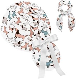 Dog Scrub Caps Women Bouffant Nurse Cap Ponytail with Buttons White