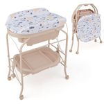 GYMAX Folding Baby Changing Table with Bathtub, Portable Newborn Bath Table and Dresser Unit with PVC Pad, Storage Tray and Wheels, Infant Diaper Changing Station (Beige)