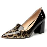 ROSERWISH Womens Slip On Pointed Toe Elegant Sexy Patent Party Chunky High Heel Pumps Dress Shoes 2.5 Inch, Black Brown Leopard, 11.5