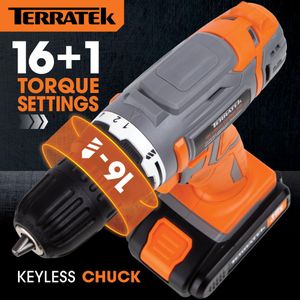 Terratek 18V Cordless Drill Driver Set – 13-Piece, Fast Charge, LED Light