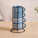 Nestasia Stackable Ceramic Cups Set of 4 (100 ml) | Microwave & Dishwasher Safe Tea & Coffee Mugs with Glossy Finish | Ideal for Gifting (Printed Blue with Stand)