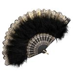 MEUTL Black Feather Fan, 8in Wide Folding Handheld Fan, Gold Embroidered Marabou Feather Fan Vintage 1920s Marabou Dance Accessory for Gatsby Party, Summer Events, Costume, Dance, Bridal Events