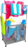 Pool Bins Pool Equipment Holder with Towel Drying Bars, Mesh Rolling Multi Use Storage Organizer Bin, Large Towel Hanger (25" L x 34.5" W x 62.6" H), Gray