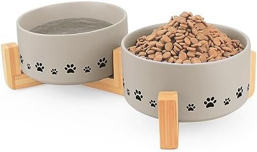 Ptlom Ceramic Pet Bowls for Dogs and Cats, Raised Dog Food and Water Bowl Set with Anti-Slip Wooden Stand, Pets Dish Feeding Bowls Suitable for Small, Medium, and Large Cats Dogs, Grey, 30 Oz