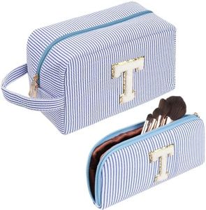 Beauty Case,Trousse da Viaggio,Borsa Cosmetica Blu a Coste con Iniziali Carine, Regalo per Donne,Fidanzate, Migliori Amiche con Borsa Cosmetica Piccola (T)