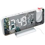 Projection Digital Alarm Clock with FM Radio,180° Projector,7'' LED Mirror Screen Big Digit,Auto Dimmer with USB Phone Charger,Dual Alarms Snooze Auto Timer for Bedroom,Kids (White)