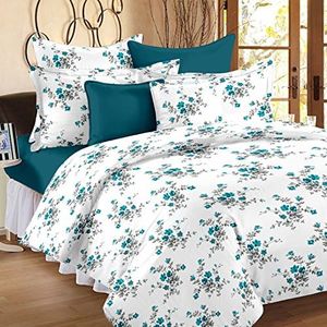 Huesland by Ahmedabad Cotton 144 TC Cotton King Size Bedsheet with 2 Pillow Covers - White, Blue(9ft x 9ft)