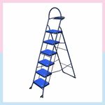 Familia Premium Steel Anti Slip Foldable 6-Step Ladder for Home with Wheels Heavy Duty, Anti-Fold Locks, Support Handle and Tool Tray, Strong Wide Anti Skid Matt Step (6 Step, Blue)