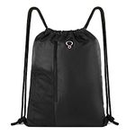 Drawstring-Gym-Bag for Men&Women Black Sport String Backpack With Water Bottle Mesh Pockets&Front Zippered Pocket