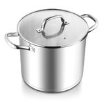 E-far 10 Quart Stainless Steel Stock Pot, Large Cooking Pot with Glass Lid for Soup Canning Stewing Simmering, Heavy Duty Cookware with Triply Base for Induction Gas Ceramic Stoves, Dishwasher Safe