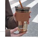 KiKiluxxa Beer Can Glass Tumbler with Straw and Lid - 400ml- Pack of 1 - Mojito Sipper Mug with Lid for Kids Milk Cup with Straw - Brown (Carapicuiba Mug 1)