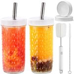 CJWLKJ 2 Pcs Glass Tumbler Cups with White Lids and Straws, 24oz Boba Bubble Tea Cups with 2 Airtight Lids Iced Coffee Cup, Reusable Diamond Mason Jar Drinking Glasses for Smoothie, Juice, Gift