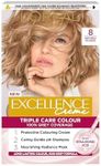 L'Oréal Paris Excellence Crème Permanent Hair Dye, Radiant At-Home Hair Colour with up to 100% Grey Coverage, Pro-Keratin, Up to 8 Weeks of Colour, Colour: 8 Natural Blonde