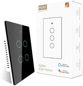 MOES ZigBee Smart Touch Wall Light Switch,Requires Tuya ZigBee Hub,No Neutral Wire/N+L Wiring,No Capacitor,Smart Life Tuya 2/3 Way Remote Control, Work with Alexa Google Home, 2MQTT,4 Gang Black
