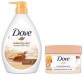 Dove Exfoliating Body Polish Scrub, 298g & Dove Relaxing Shea Butter Body Wash with Vanilla Pump Bottle, 1L