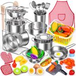 Kids Pretend Play Kitchen Toys Accessories Set, 32 Items Stainless Steel Toy Pots and Pans Sets w/Rack Organizer, Metal Cooking Utensils & Holder, Apron Play Food Basket for Kids Girls Boys Toddlers