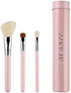 Sigma Beauty Travel Essential Trio - Makeup Brush Set for Foundation Powder Eyeshadow - 3 Tool Brushes with Brush Tin Holder - - Skin Safe, Vegan Makeup Brushes for Travel - Light Pink