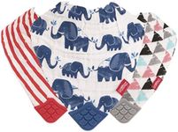 Nuby Reversible 100% Natural Cotton Muslin 3 Piece Teething Bib, Grey/Red/Blue, Arrows/Red Stripes/Elephants