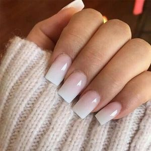 Irikdescia Lot de 24 faux ongles press on nails, courts, moyens, carrés, avec bâton de colle en gelée, manucure française, faux ongles, cercueil court, pour décoration de nail art (dégradé de rose)