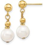 14k Real Yellow Gold 7-8mm White Round Freshwater Cultured Pearl Dangle Post Dangle Earrings