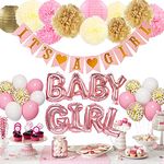 Baby Shower Decorations for Girl, Gender Reveal Party Supplies with It’s A Girl Banner Confetti Latex Balloons Paper Pom Poms, Birthday Party Balloons for Party Wedding