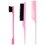 Sularpek 3 Pcs Slick Brush Set, Plastic Bristle Hair Brush Teasing Comb Edge Hair Brush Teasing Brush Set, Rat Tail Comb Double Sided Edge Brush, for Hairdresser Women Baby Children (Pink)