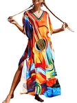 Orshoy Womens V-Neck Kimono Tunic Long Dress Maxi Kaftan Summer Beach Boho Cover up Homewear Nightdress A-Multicolour 2