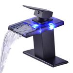 Qeemee LED Waterfall Bathroom Sink Faucet, Bathroom Faucets 3 Colors Changing Glass Spout with Water Supply Hose, Matte Black Single Handle 3 Hole Brass Basin Mixer Tap Lavatory Vanity Sink Faucet