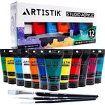 ARTISTIK Studio Acrylic Paints - 12 x 75ml Acrylic Paint Tube Set with 3 Brushes - Premium Student Quality Highly-Pigmented Colours Non-Toxic for Canvas, Paper, Wood and More