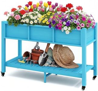 DWVO 47x18x31in Raised Garden Bed, Weather Resistant Poly Wood Planter Box Stand, Planter Box with Legs, Storage Shelf & Lockable Wheels, Elevated Garden Bed for Backyard Patio Balcony - Aruba Blue