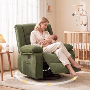360° Swivel Rocker Recliner Chair for Adults, Nursery Manual Reclining Chair with Arms and Back, Upholstered Glider Rocking with Side Pockets for Living Room, Bedroom Nursing use, Corduroy, Green