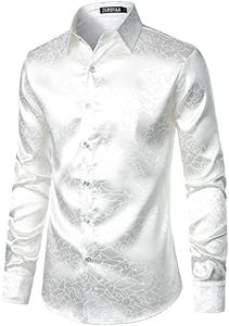 ZEROYAA Men's Shiny Satin Rose Floral Jacquard Long Sleeve Button Up Dress Shirts for Party Prom, Zlcl38-white, Medium