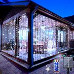 Solar Curtain Light with Remote Control,300 LED Outdoor Garden Fairy Lights Waterproof IP65 Window String Lights 8 Lighting Modes Outdoor Curtain Lights for Courtyard,Garden,Wedding (Cool White)