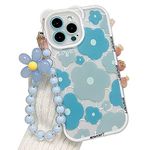 NITITOP Compatible for iPhone 15 Pro Max Case Clear Cute Flower Floral Bear for Girls Women Pattern with Chain Lanyard Wrist Strap Soft TPU Shockproof Protective Girly - Blue