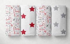 Bacati Baseball Set of 4 Muslin Swaddling Blankets, Red/Grey