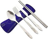 5Pcs Cutlery Travel Knife Fork Portable Bag Stainless Steel Spoon Chopstick Set (Pruple)