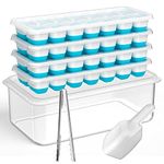 DOQAUS Ice Cube Tray with Lid and Bin, Silicone Ice Cube Trays for Freezer with Ice Box, 4 Pack Ice Trays with Ice Container for Cocktails, Stackable Ice Maker with Storage Ice Bin, Ice Tong & Scoop