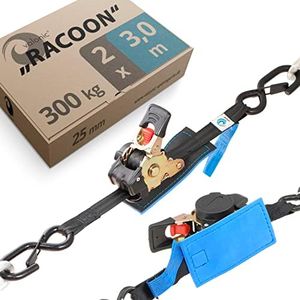 valonic Racoon - 2X 3m Sangles d'arrimage à cliquet automatiques avec Crochet, 25mm, 300/600 Kg, rembourrées - Noir, Sangle Automatique de Charge Moto