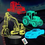 Lampeez Car Gifts, 4 Patterns Hologram Night Light for Kids with Remote Control 16 Color Changing, Dimmable Function, Unique Birthday Xmas Gifts for Kids Boy Girl(Race car,Tractor, Truck, Excavator)