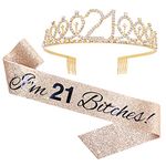 "I'm 21 Bitches!" Sash & Rhinestone Tiara Set - 21st Birthday Gifts Birthday Sash for Women Fun Party Favors Birthday Party Supplies (Gold Glitter with Black Lettering)