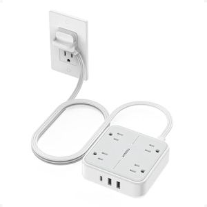 Flat Plug Surge Protector Power Strip, TESSAN 5 ft Extension Cord with 4 Outlets and 3 USB Ports, Indoor Desk Charging Station, Mountable Compact for Travel, Office, School, Dorm Room Essentials
