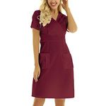 Qudang Nurse Pocket Mini Dress for Women V-Neck Breathable Comfort Working Uniform Casual Solid Color Short Sleeve Dresses, Red, Large