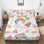 Rainbow Unicorn Sheet Set Full Size, Colorful Flower Unicorn Fitted Sheet and Pillowcase Set 3 Piece Soft Microfiber Fun Girly Bedding Decor Unicorn Bed Sheet for Kids Girls Teens