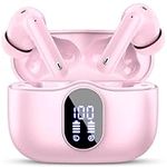 Wireless Earbuds, Bluetooth Headphones 5.4 HiFi Stereo, Wireless Earphones with ENC Noise Cancelling Mic, IP7 Waterproof in Ear Headphones, LED Digital Display Ear Buds, Touch Control, Pink