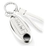 CTRINEWS for Nissan Key Fob Cover with Metal Braided Rope Keychain, Upgraded Soft Key Case for Altima Sentra Maxima Rogue Armada (5 Button only) (Silver Edge C)