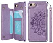 iCoverCase iPhone SE 2022/SE 2020 Case with Card Holder for Women, iPhone 7/8 Wallet Case with Wrist Strap [RFID Blocking] Embossed Leather Kickstand Phone Case for iPhone SE (Mandala Purple)