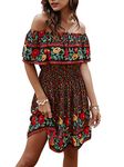 Off Shoulder Boho Floral Swing Mini Dress Summer Strapless Pleated Short Dress, Black, Large