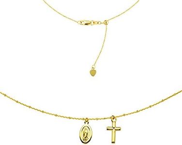 Choker With Dangling Virgin Mary And Cross 14k Yellow Gold Necklace, 16" Adjustable